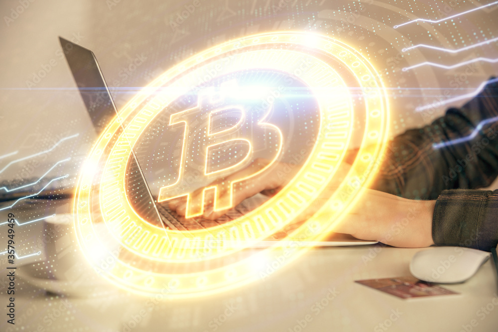 Double exposure of woman hands typing on computer and crypto market theme hologram drawing. Blockchain concept. Double exposure of woman hands typing on computer and crypto market theme hologram drawing. Blockchain concept.