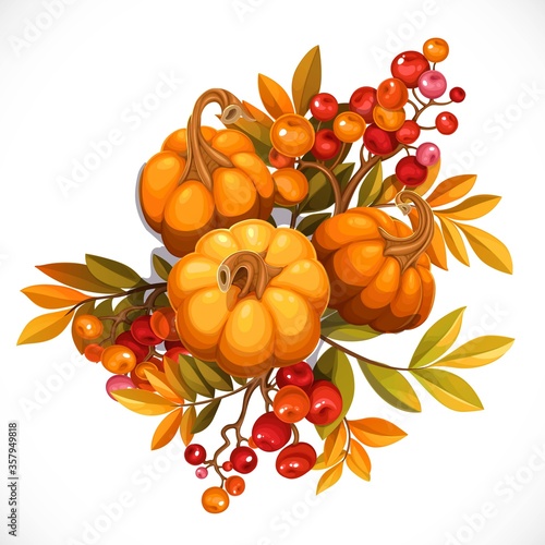 Black flirty bow decorated with small pumpkins and twigs of a viburnum or rowan object isolated on a white background