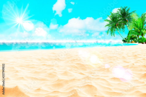 Sunny tropical Caribbean beach with palm trees and turquoise water, caribbean island vacation, hot summer day. 3D render. 