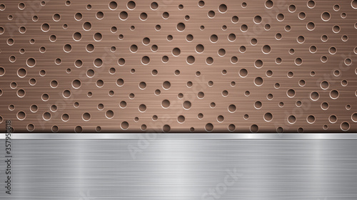Background of bronze perforated metallic surface with holes and horizontal silver polished plate with a metal texture, glares and shiny edges