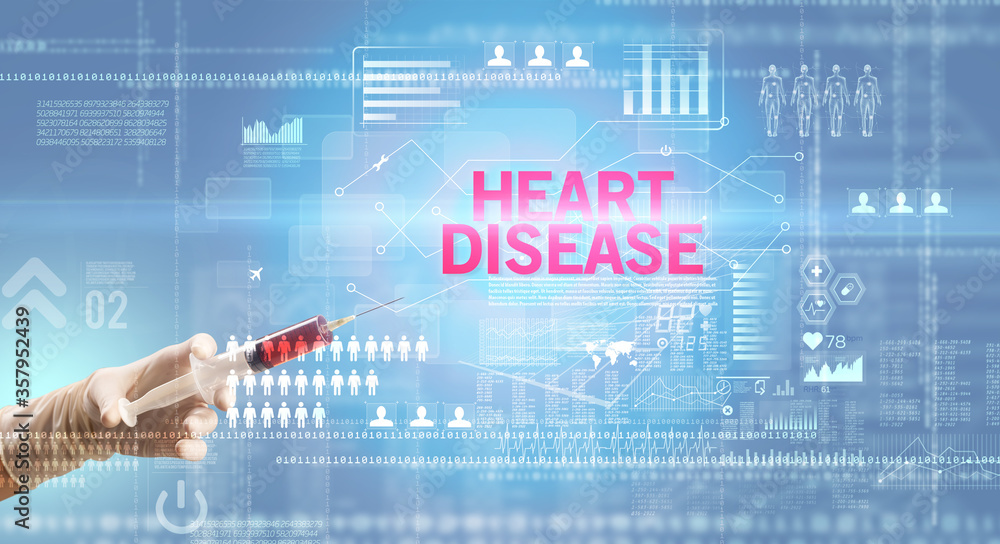 Close-up view of doctor's hand in a white glove holding syringe with HEART DISEASE inscription, healthcare and medical concept Close-up view of doctor's hand in a white glove holding syringe with HEART DISEASE inscription, healthcare and medical concept