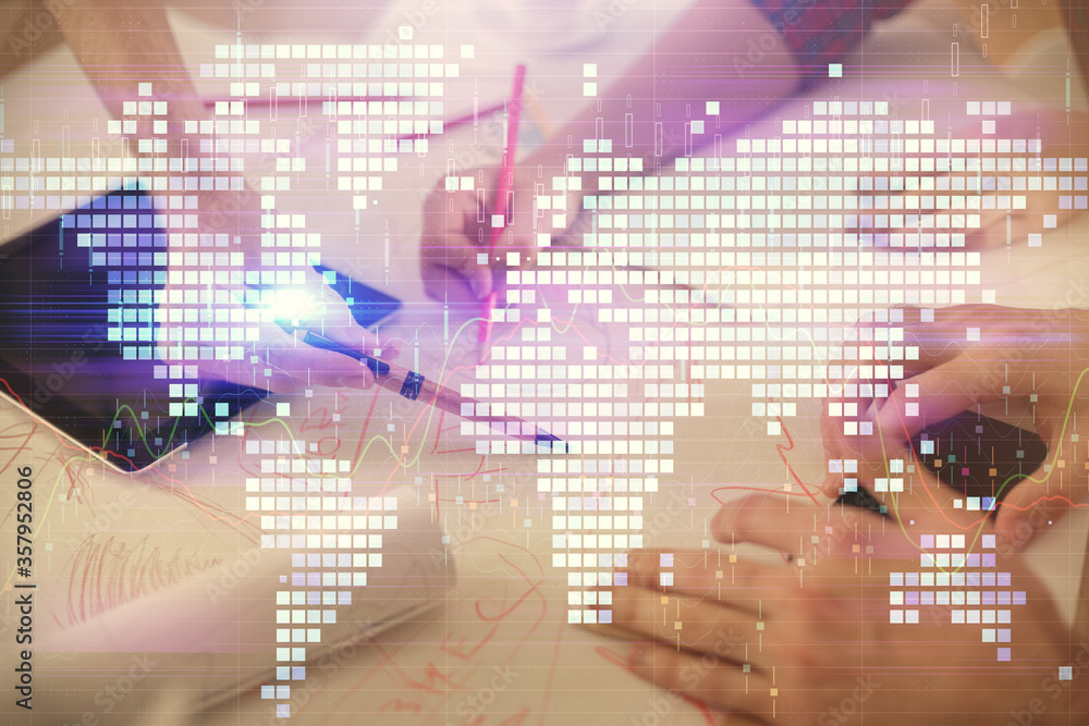 Double exposure of business theme drawing and man and woman working together holding and using a mobile device. Double exposure of business theme drawing and man and woman working together holding and using a mobile device.