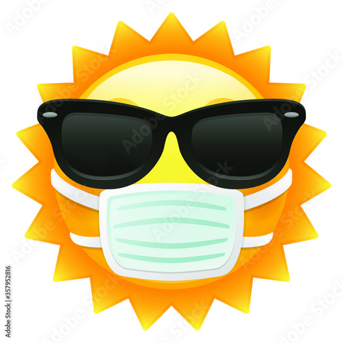 Sun Emoji Sunglasses with medical mask. Summer quarantine Vacations. Illustration Face Vector Design Art.