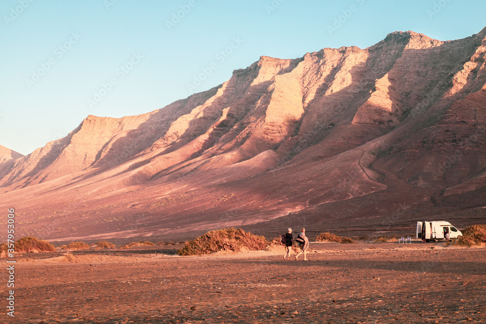 Landscape of Panoramic vulcanic mountains and Atlantic Ocean , dunes of coralejo and Gran Tarajal Port in Fuerteventura, Lanzarote Landscape of Panoramic vulcanic mountains and Atlantic Ocean , dunes of coralejo and Gran Tarajal Port in Fuerteventura, Lanzarote