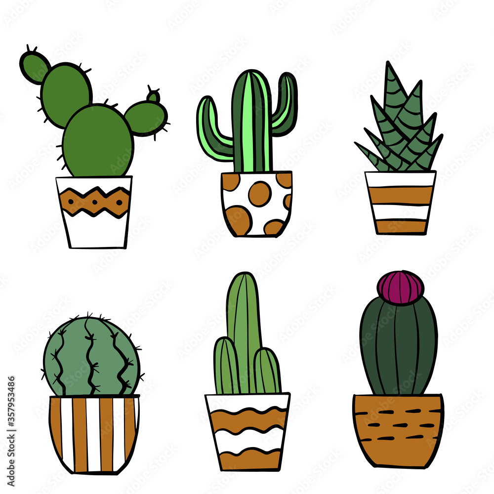 Different kind of vector cactuses in pots. Hand drawn vector illustration. Pottery with geometrical ornament.