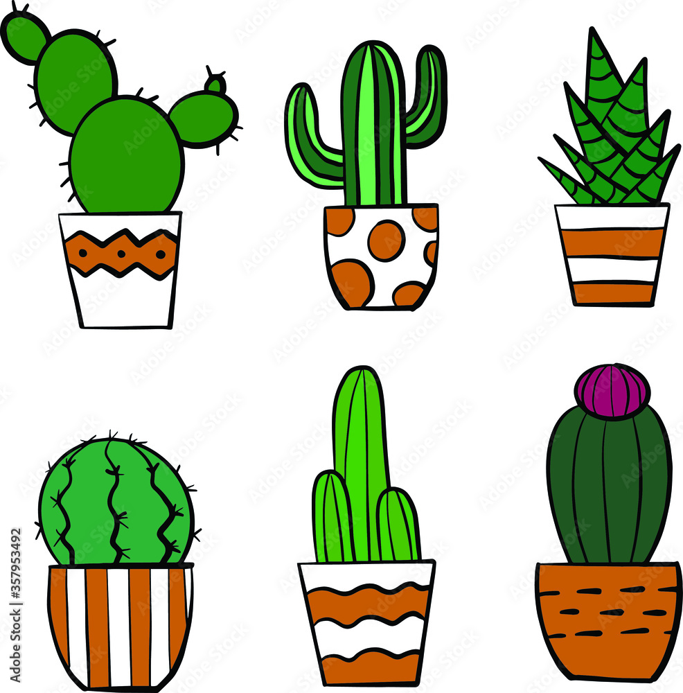 Different kind of vector cactuses in pots. Hand drawn vector illustration. Pottery with geometrical ornament. Different kind of vector cactuses in pots. Hand drawn vector illustration. Pottery with geometrical ornament.