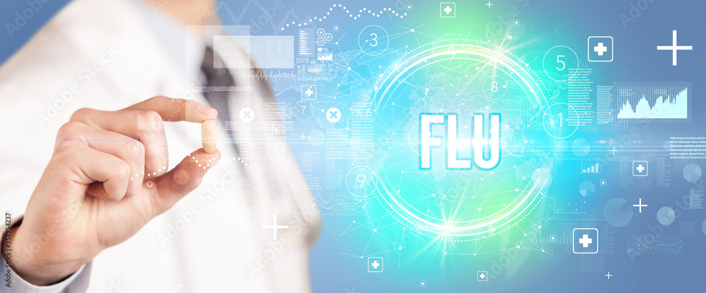 Close-up of a doctor giving you a pill with FLU abbreviation, virology concept Close-up of a doctor giving you a pill with FLU abbreviation, virology concept