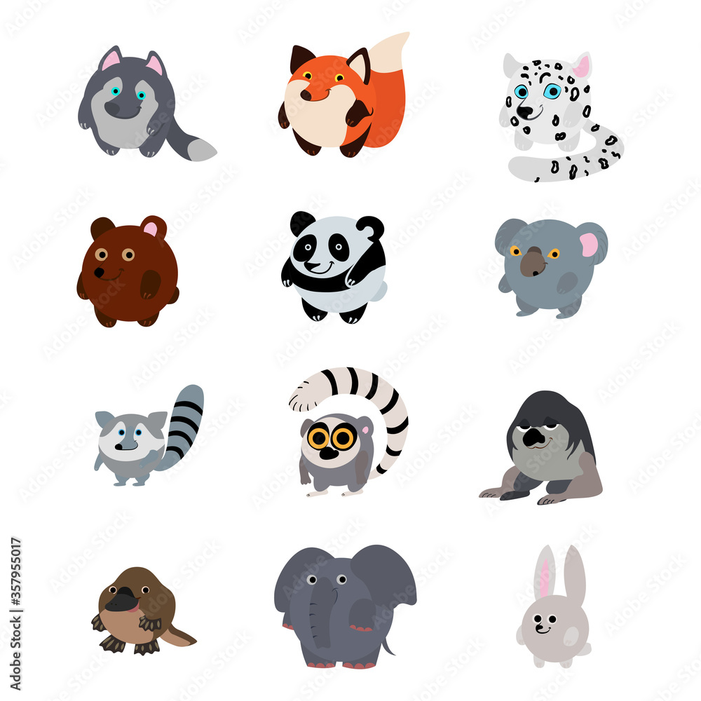 Round animals set. Wolf, Fox, snow leopard, bear, Panda, Koala, raccoon