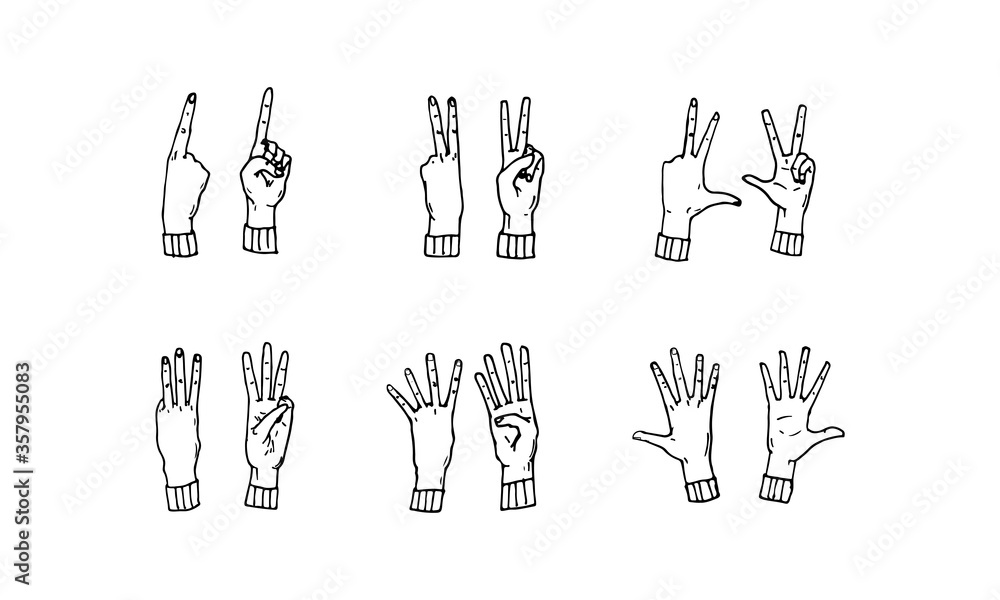 Hand drawn sketch style numbers on fingers set. Vector illustration of hand gestures. Hand drawn sketch style numbers on fingers set. Vector illustration of hand gestures.