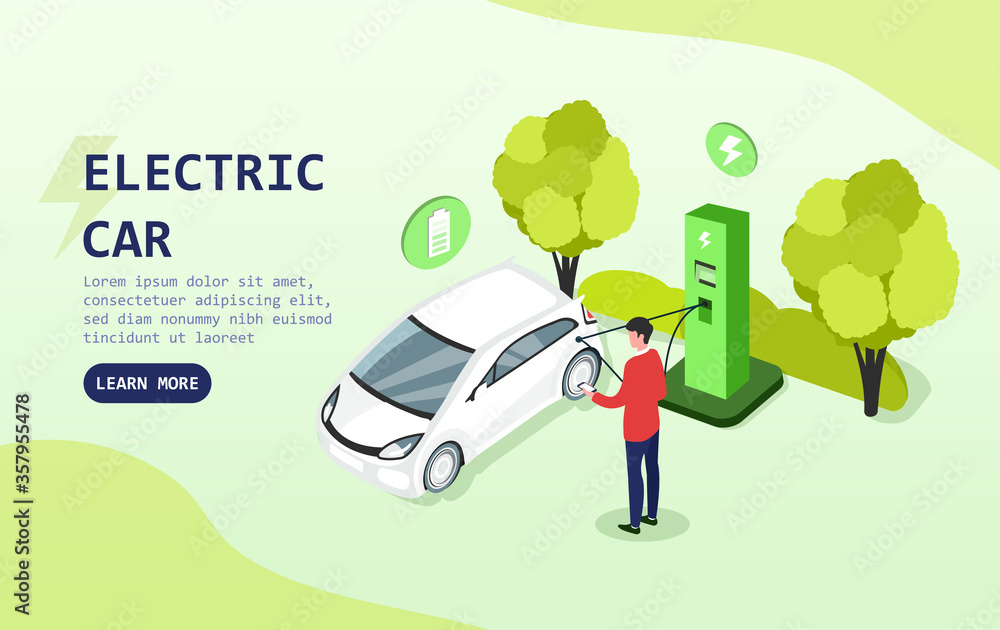 Man charging his electric car at a charging station in a green energy concept with trees and copy space for text, colored vector illustration