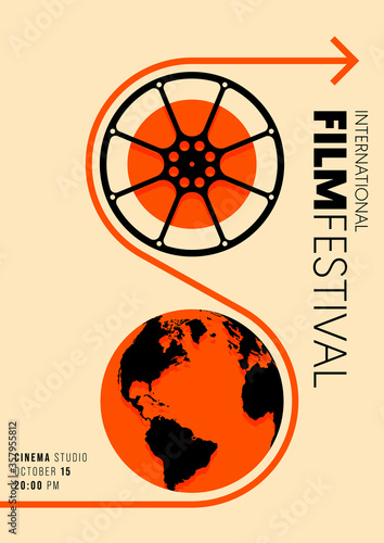 Movie and film poster design template background with film reel and world map