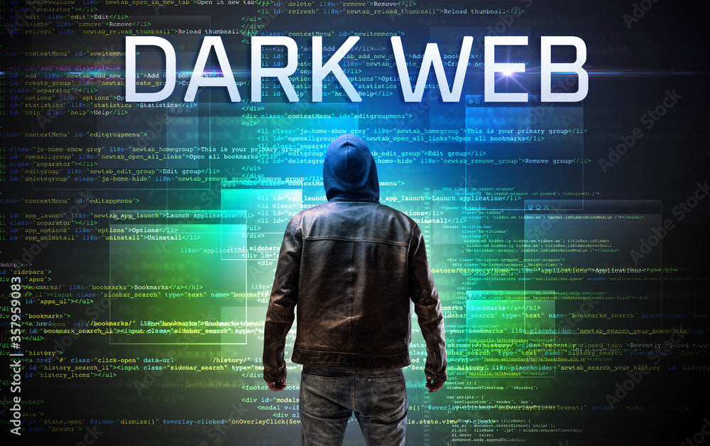 Faceless hacker with DARK WEB inscription on a binary code background ...
