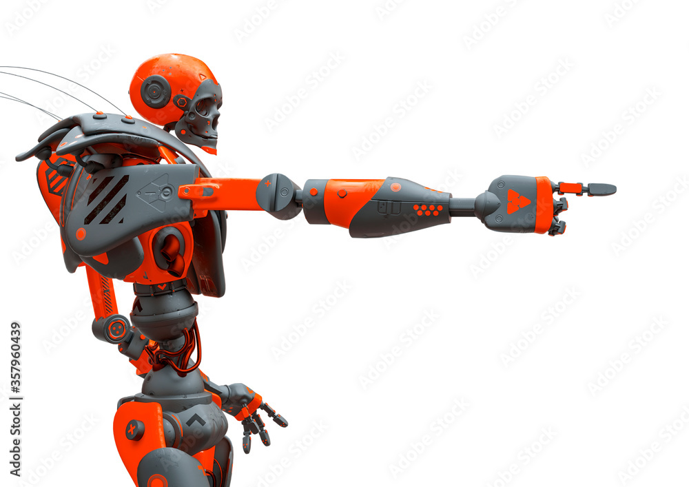 skull bot is pointing the way in a white background side view skull bot is pointing the way in a white background side view