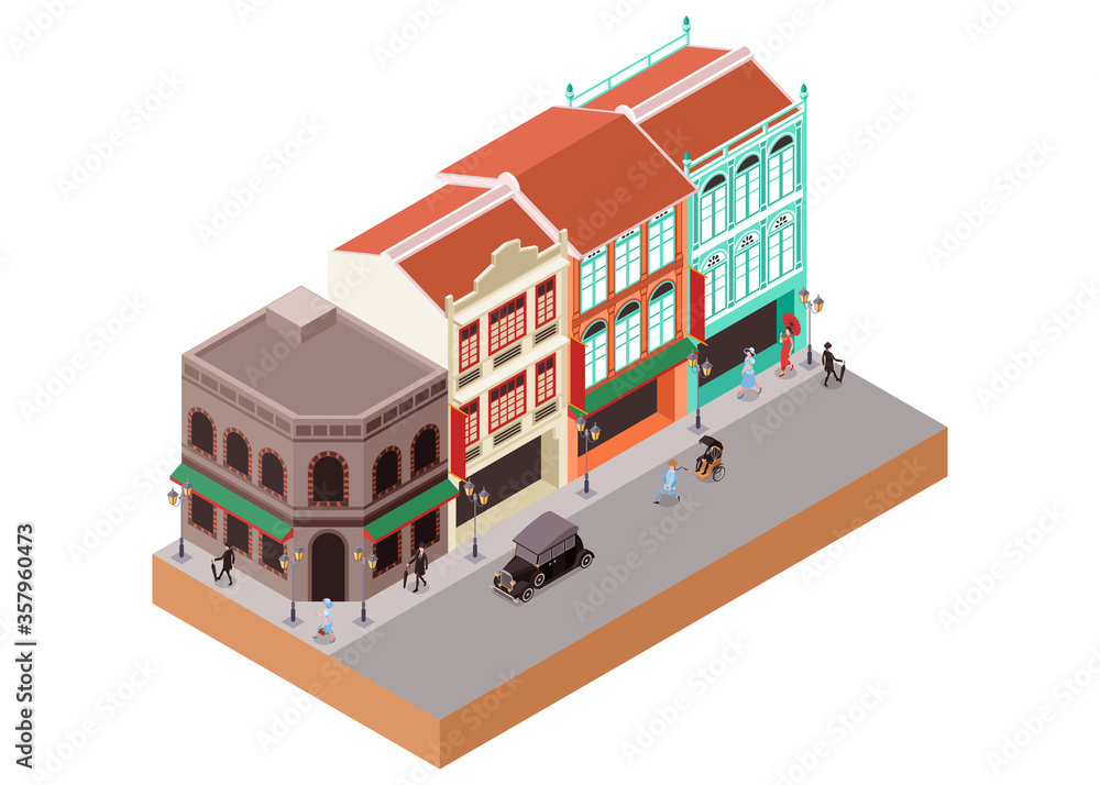 Isometric Vector Illustration of Classic Colonial Buildings in China Town Area Including Shops, Cafe or Bar