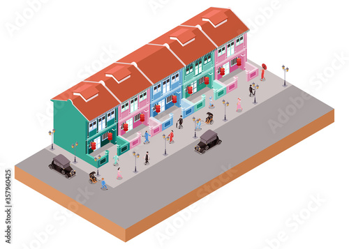 Isometric Vector Illustration Representing Old Colonial Buildings in China Town Area with People and Classic Cars
