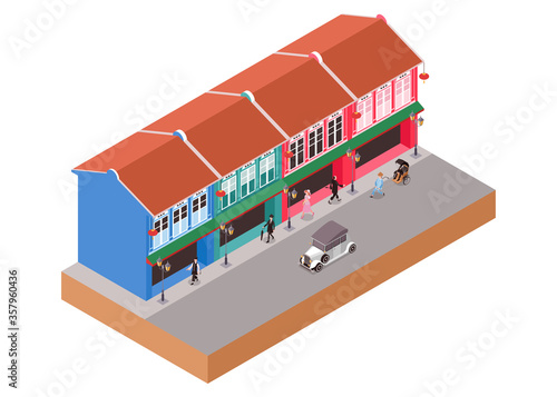 Isometric Vector Illustration Representing Old Colonial Buildings with People and Classic Car Crossing the Street