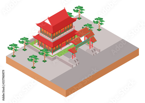 Isometric Vector Illustration Representing Old Traditional Chinese Red Temple with Gate and Park at its Sides