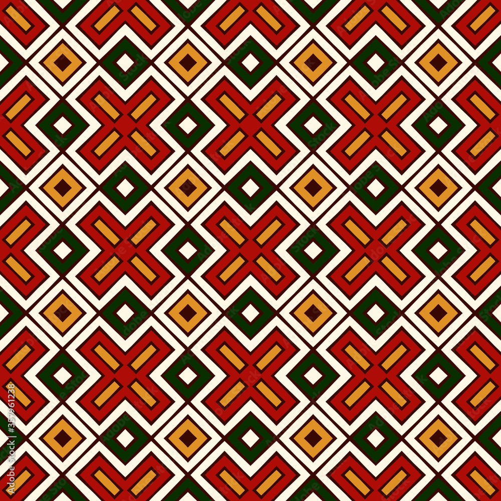 Seamless pattern in Christmas traditional colors. Repeated geometric forms bright ornamental abstract background. Seamless pattern in Christmas traditional colors. Repeated geometric forms bright ornamental abstract background.