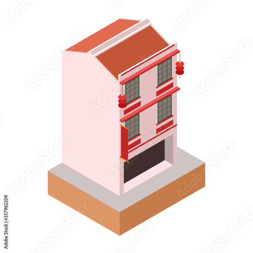Photography Isometric Vector Illustration Representing Old Classic Colonial Style Pink Build