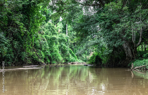 Calm river flowing gently through in creek or stream