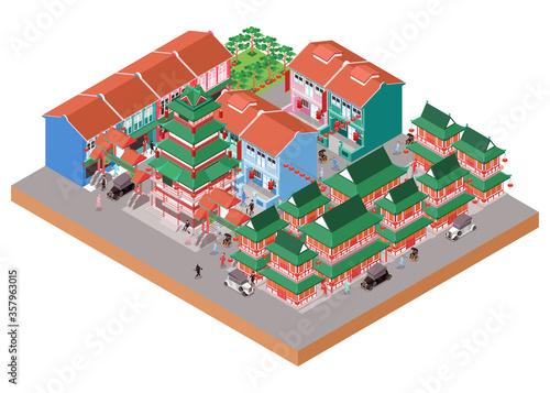 Photography Isometric Vector Illustration Representing Old Chinese Temple Area in China Town