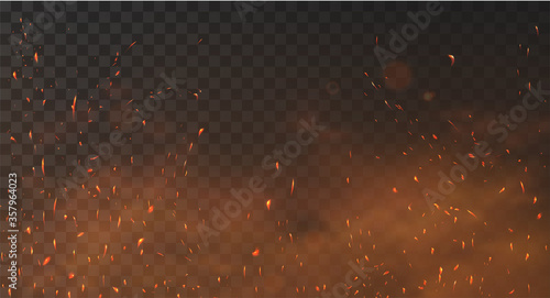 Fire sparks background on a transparent background. Burning hot sparks, embers burning cinder and smoke flying in the air. Realistic heat effect with glow and sparks from bonfire. Flying up embers photo