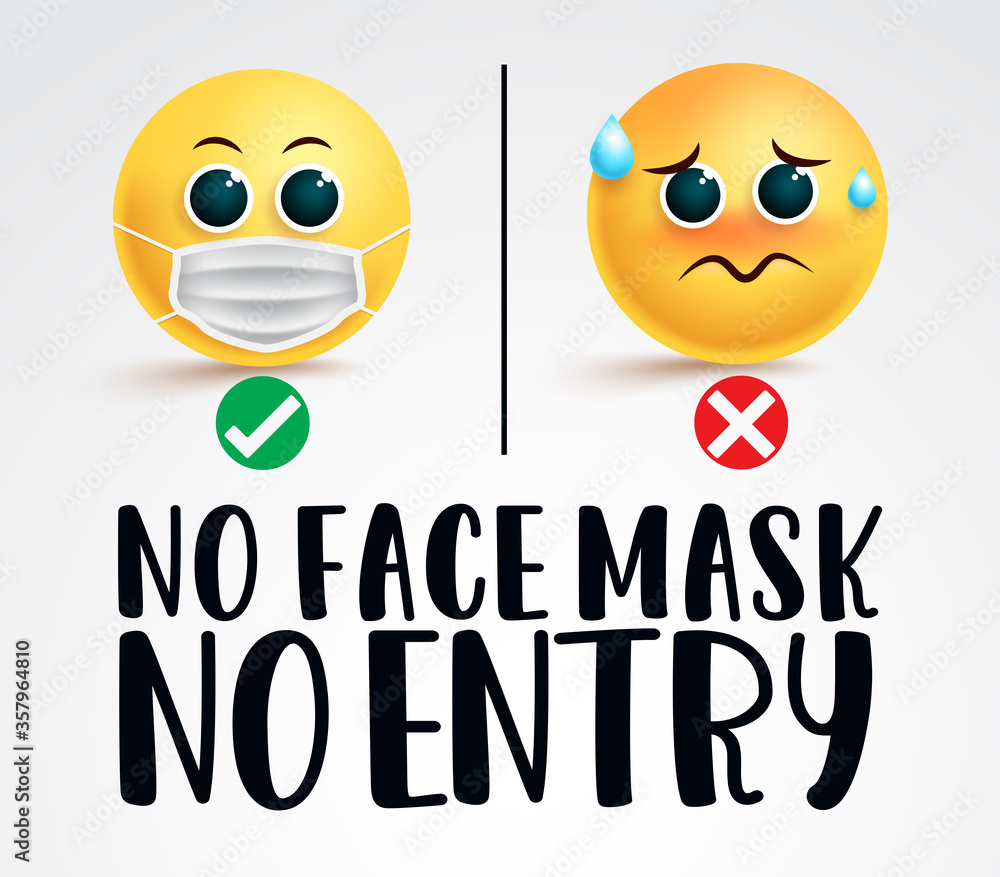 Smiley face mask signage vector design. No face mask no entry text with