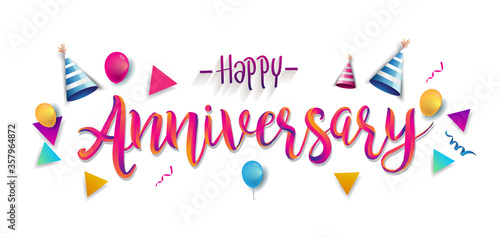 Happy Anniversary Typography Vector Design for Greeting Cards and Poster with Balloon, Confetti and Gift Box, Design Template for Birthday Celebration.