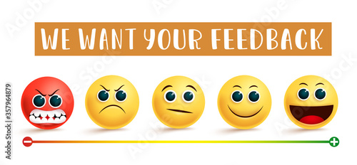 Smiley emoji customer feedback vector banner concept. We want your feedback text with emoji in angry, sad, confused, smile and happy facial expression for customers service rating design.