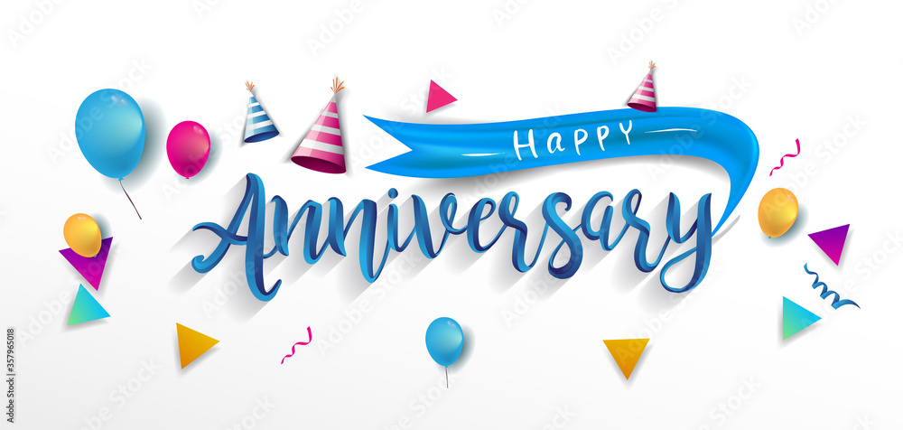 Happy Anniversary Typography Vector Design for Greeting Cards and Poster with Balloon, Confetti and Gift Box, Design Template for Birthday Celebration. Happy Anniversary Typography Vector Design for Greeting Cards and Poster with Balloon, Confetti and Gift Box, Design Template for Birthday Celebration.