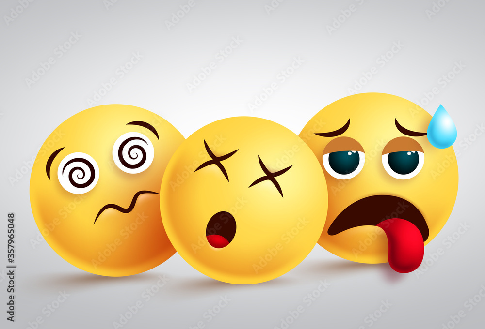 Emojis tired and disappointed vector design. Emoji or emoticon group character in dizzy, tired and upset facial expressions in white background. Vector illustration.   