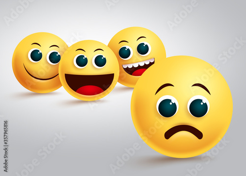 Emoji gossip and discrimination vector concept. Emojis gossiping and bullying behind with yellow emoji stress and sad facial expression in white background. Vector illustration. 