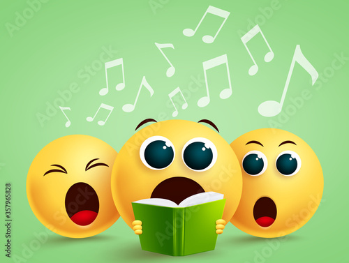 Smiley emojis singing choir vector design. Emoji with yellow funny faces holding song book singing in choir. Vector illustration.