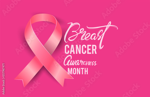 Breast Cancer Awareness Calligraphy Poster Design with Realistic pink ribbon, October is Cancer Awareness Month. Vector illustration
