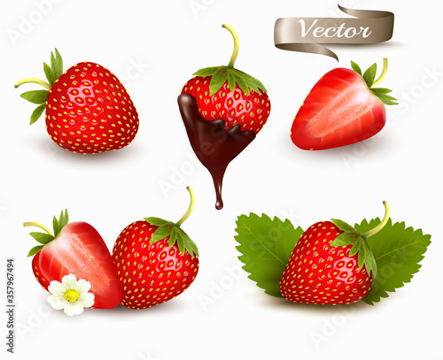 Whole and slice of strawberry, strawberry in a chocolate. Realistic transparent isolated vector set.