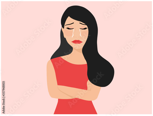 Beautiful young woman crying, tears from her eyes. Woman suffering from  depression, despair, sadness and broken heart vector illustration 