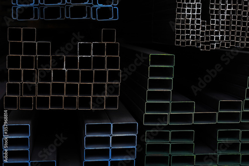 Abstract square iron pipes shelf in the warehouse