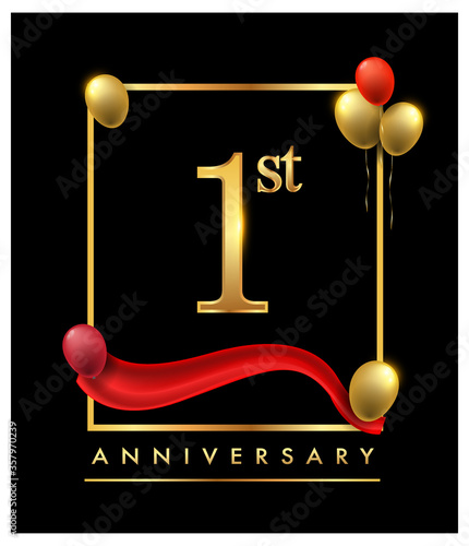 1st anniversary logo with red ribbon and confetti golden colored isolated on elegant background, vector design for greeting card and invitation card