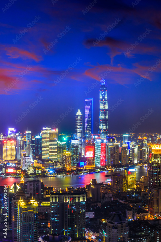 Beautiful Shanghai skyline and city buildings at night,China.High angle view.