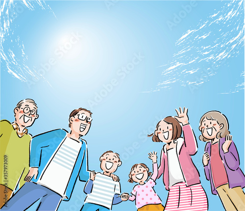 Low angle illustration of a three generation family standing against the blue sky