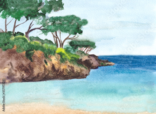 travel sketch watercolor drawing of the mediterranean coastal landscape with pines, shore and sea © Natalia