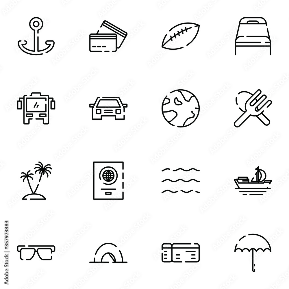 Obraz premium travel, tourism, journey, trip, holiday icon set. simple lined travel dotted outline icon sign concept. 