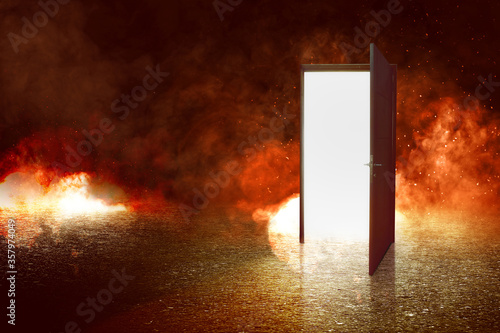 Opened door with white light outdoor with an explosion