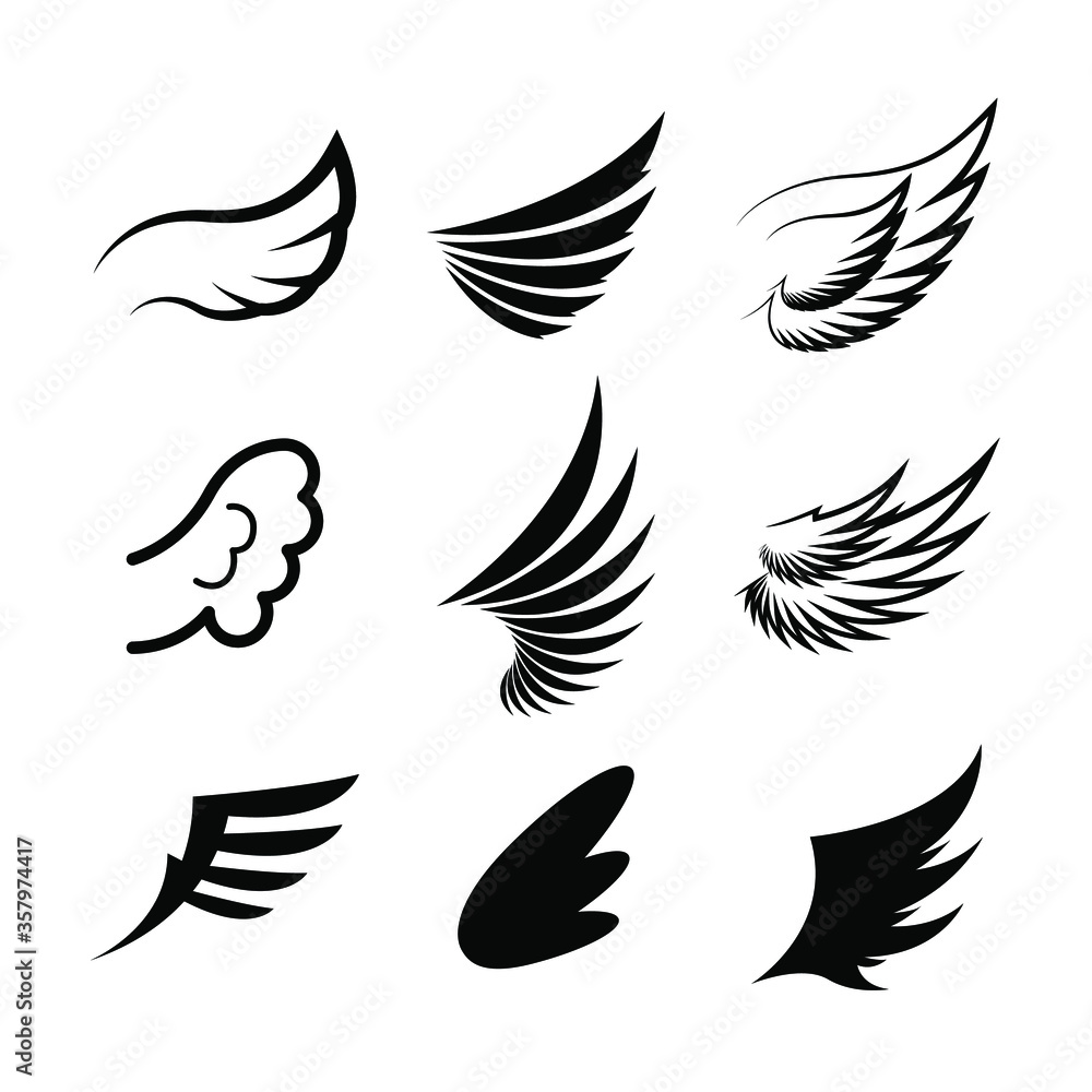 Set Black Line Flat Collection Wings Vector Icon Feather Design Style Decoration