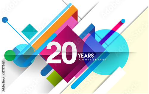 20th years anniversary logo, vector design birthday celebration with colorful geometric isolated on white background.