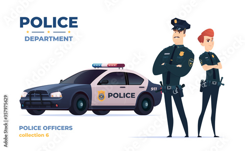 Cartoon police officers man and woman team. Public safety officers with police car. Guardians of law and order.