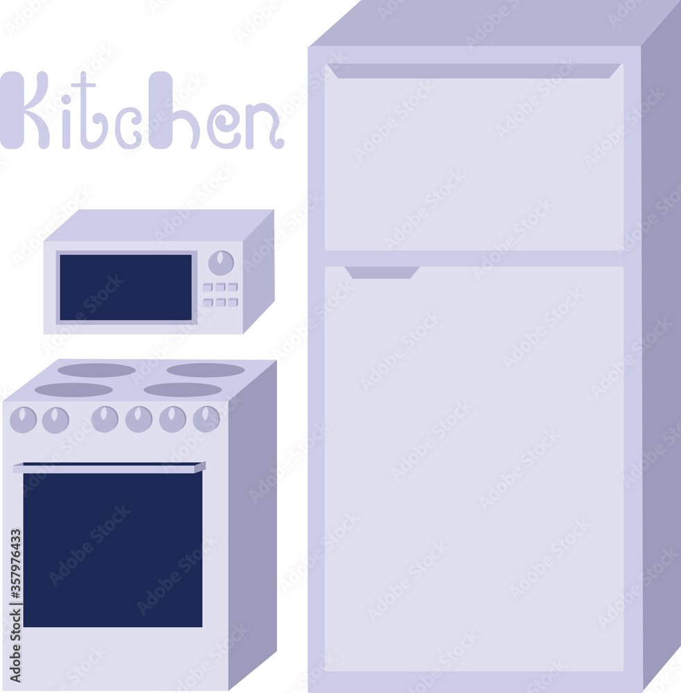 Set of household appliances. Kitchen. Refrigerator, stove and microwave. Blue design, lettering. Objects for the design of the store, flyers, banners and advertising. Set of household appliances. Kitchen. Refrigerator, stove and microwave. Blue design, lettering. Objects for the design of the store, flyers, banners and advertising.