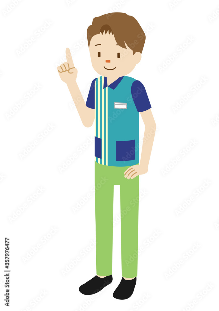 Illustration of a male clerk at convenience store (pointing finger)