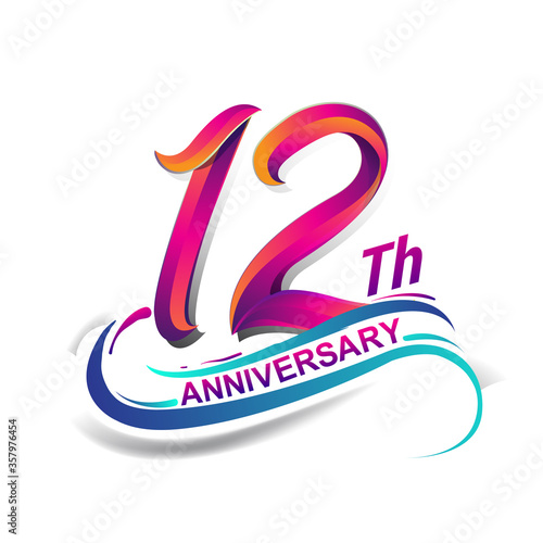 12th anniversary celebration logotype blue and red colored. Birthday logo on white background.