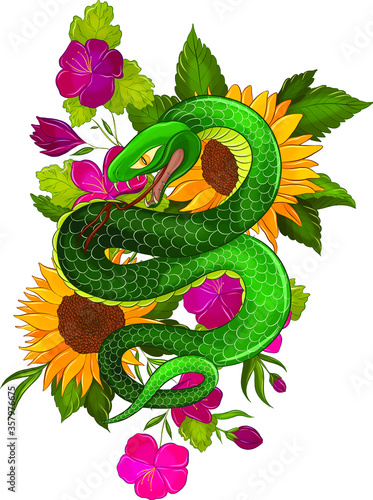 the green snake and the yellow sunflowers